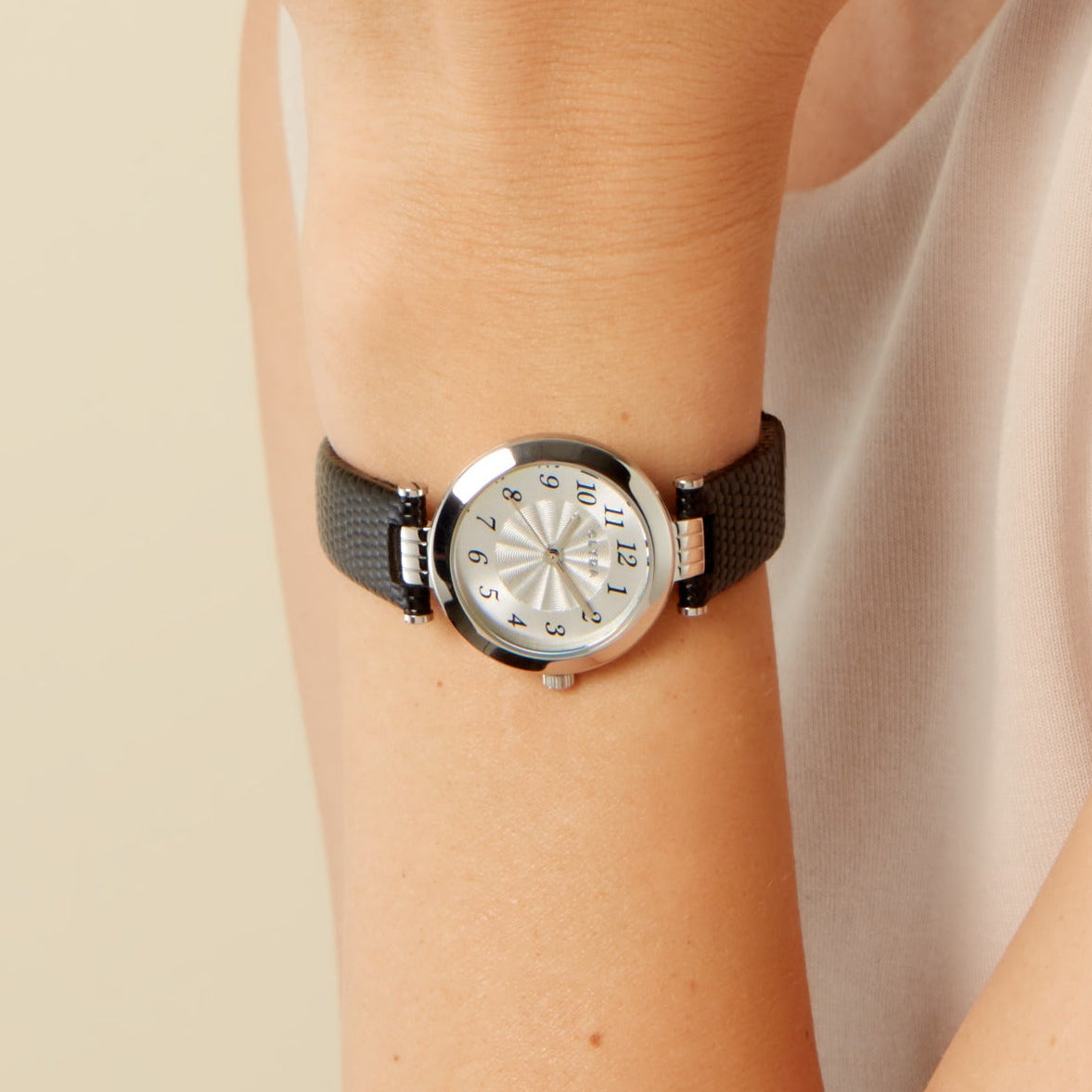 Triomphe silver watch with black leather